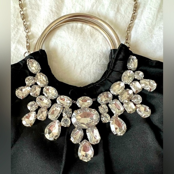Lulu Townsend Black Satin w/ Rhinestones Glamour Party Handbag Chain Belt - Picture 3 of 6